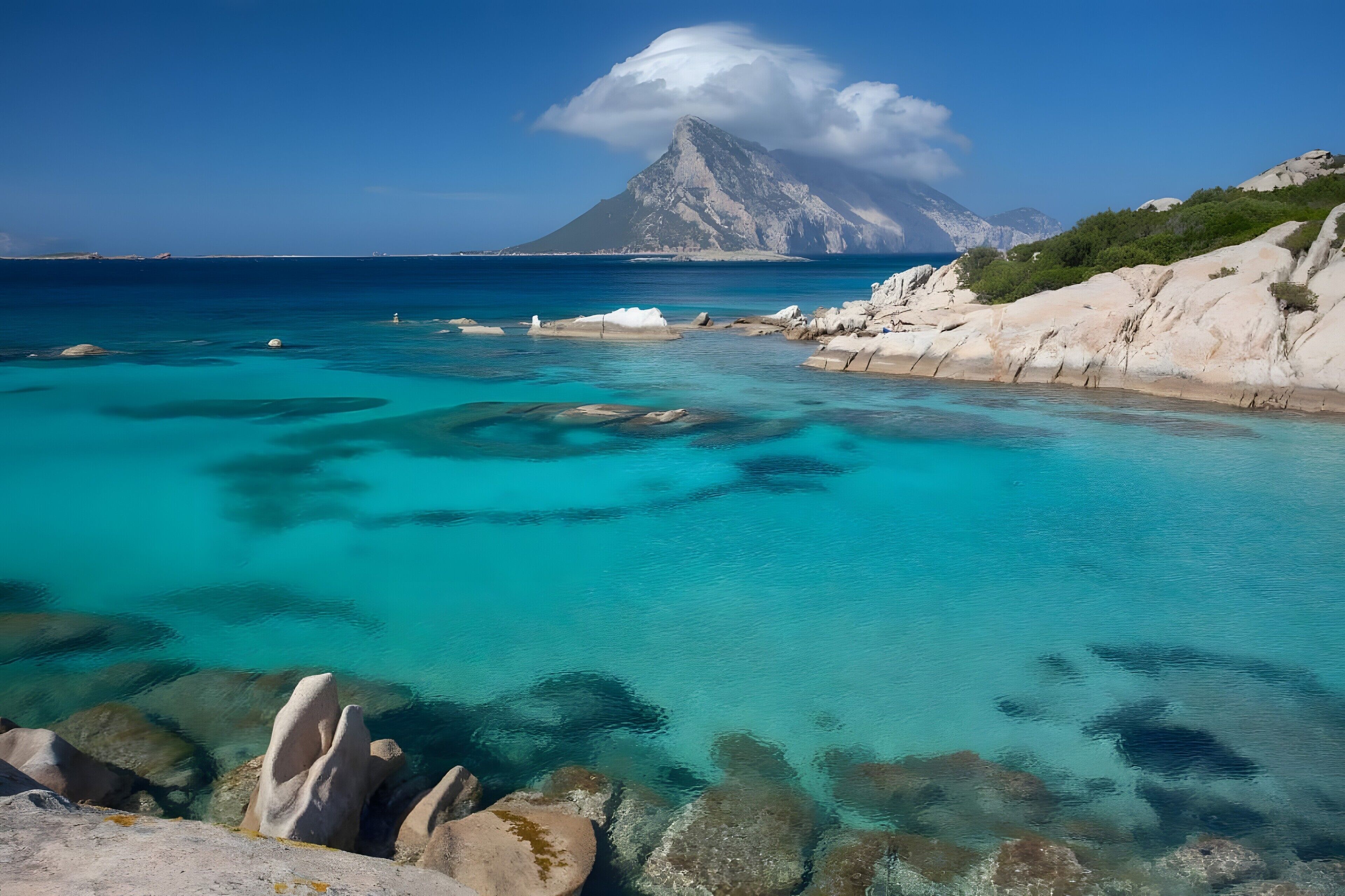 Eine Küstenlandschaft mit klarem türkisblauem Wasser, Felsformationen und einem Berg im Hintergrund.