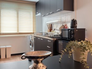 Fridge, microwave, cookware/dishes/utensils, paper towels - Hongdae Stay, Hapjeong stn 5 mins, Modern Seoul Cozy Loft, Airport bus direct (Seoul)