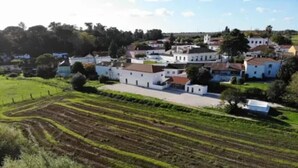 A rural village with white buildings, terraced fields, and a clear sky.