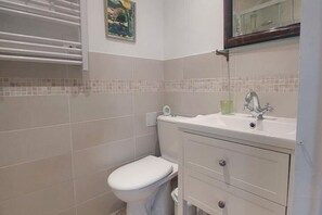 A bathroom with a toilet, a sink, and a mirror. - Downtown studio apartment with a spacious private terrace—quiet and bright (Poitiers)