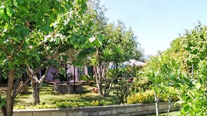 Een tuin met een stenen muur, diverse planten en een gebouw op de achtergrond.