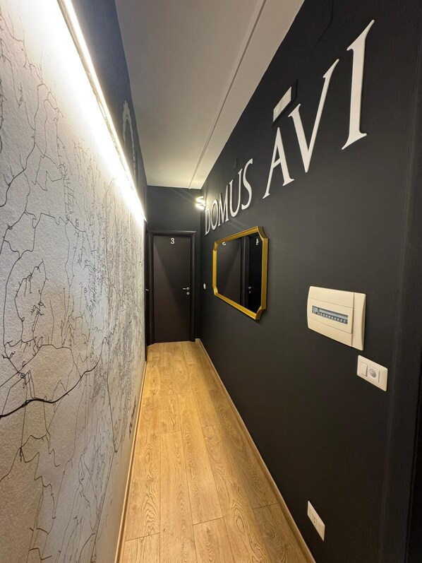 A hallway with a map on the left wall, a door labeled '3' on the right, and a mirror with a gold frame. - Domus Avi - Re di Roma (Rome)