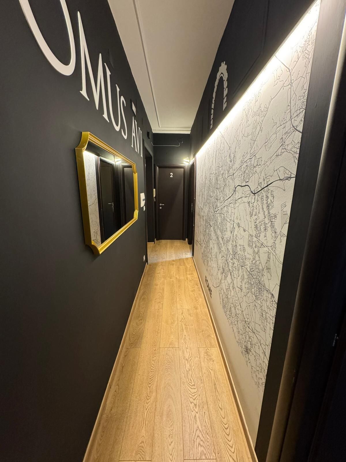 A hallway with a wooden floor, a framed mirror, and a wall with a map.