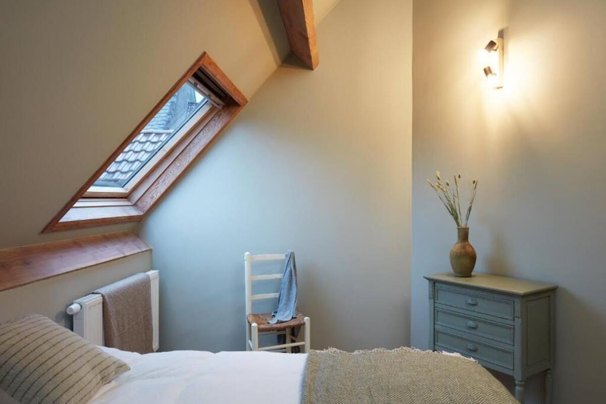 A bedroom with a sloped ceiling, a skylight, a bed, a chair, a dresser, and a wall-mounted light fixture.