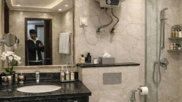 Shower, hair dryer, bidet, towels