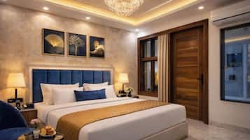 Premium bedding, desk, laptop workspace, soundproofing