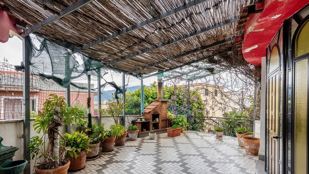 Un espace extérieur abrité, agrémenté de plantes en pot, d’un four en briques et offrant une vue sur les bâtiments.