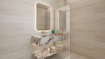 Shower, hair dryer, slippers, towels