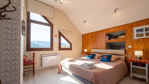Une chambre à coucher avec un grand lit, une fenêtre, un radiateur, une bibliothèque et un bureau.