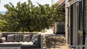 Un espace extérieur aménagé avec un canapé et un banc, un arbre et un bâtiment doté d’une porte.
