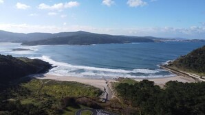 Un paysage côtier comprenant une plage, une route et une zone boisée.