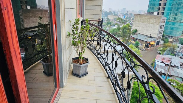 A balcony with potted plants, a view of the cityscape, and a building with scaffolding.