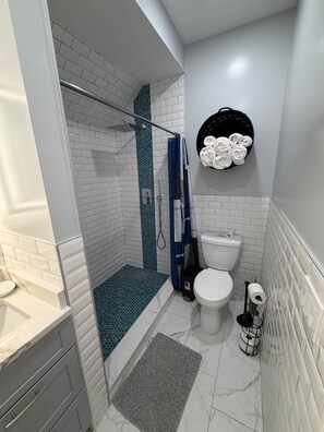 A bathroom with a shower, toilet, and sink. - Cozy 1-bedroom apartment in pleasant Nyack with AC (Nyack)