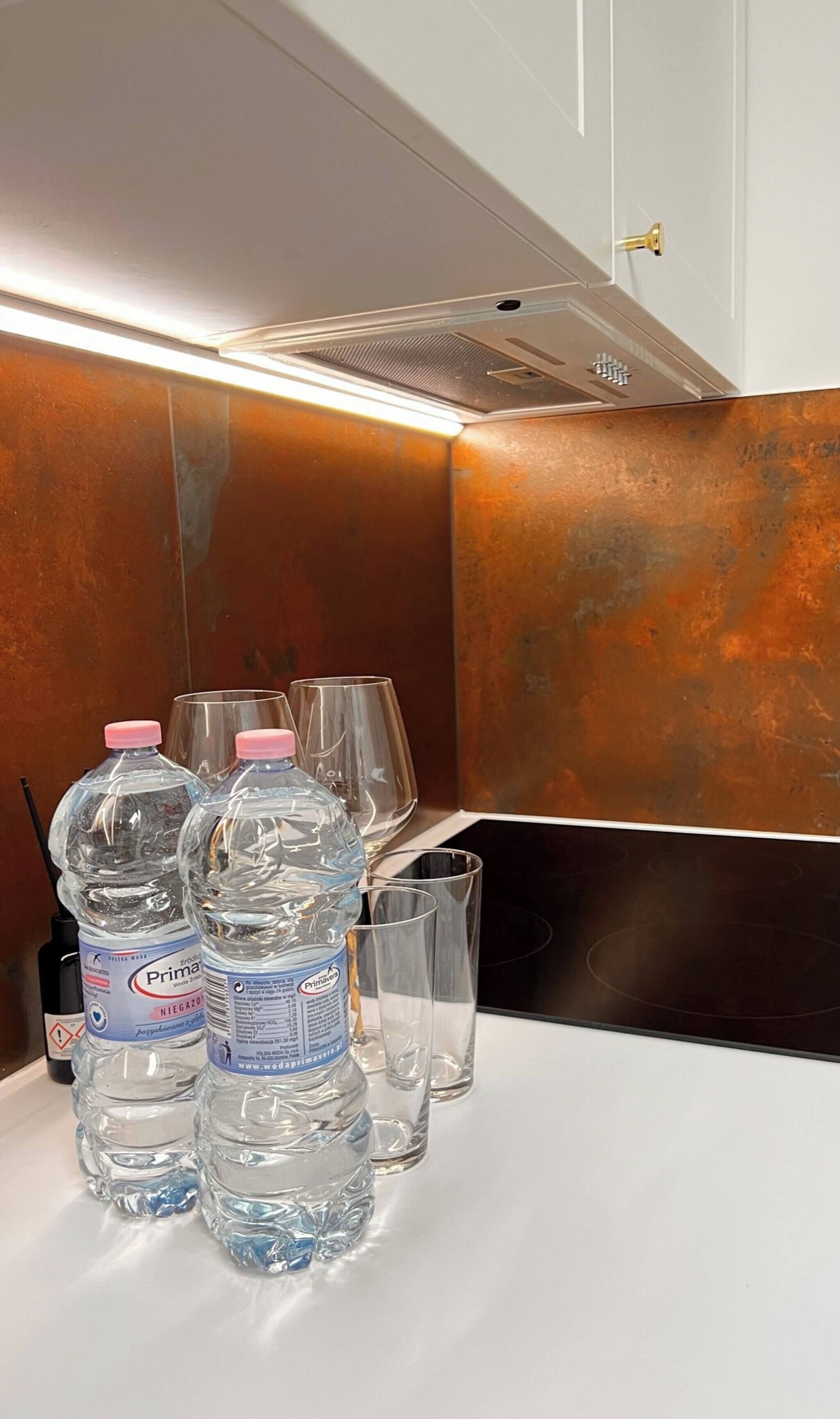 A kitchen area with stainless steel appliances, a white countertop, and a copper backsplash.
