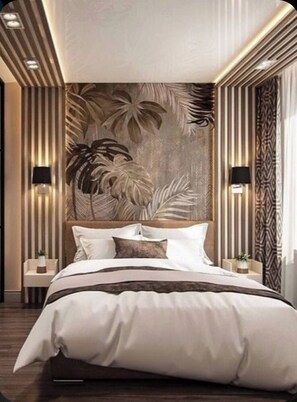 A modern bedroom with a large bed, decorative wall panels, and ambient lighting. - The Perfect Cozy Oasis (Kraków)