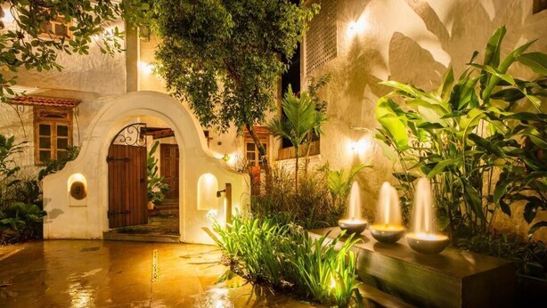 An outdoor courtyard with a fountain, plants, and a building entrance. - ELIVAAS Amayah Rasa 4 BHK Villa (Assagao)