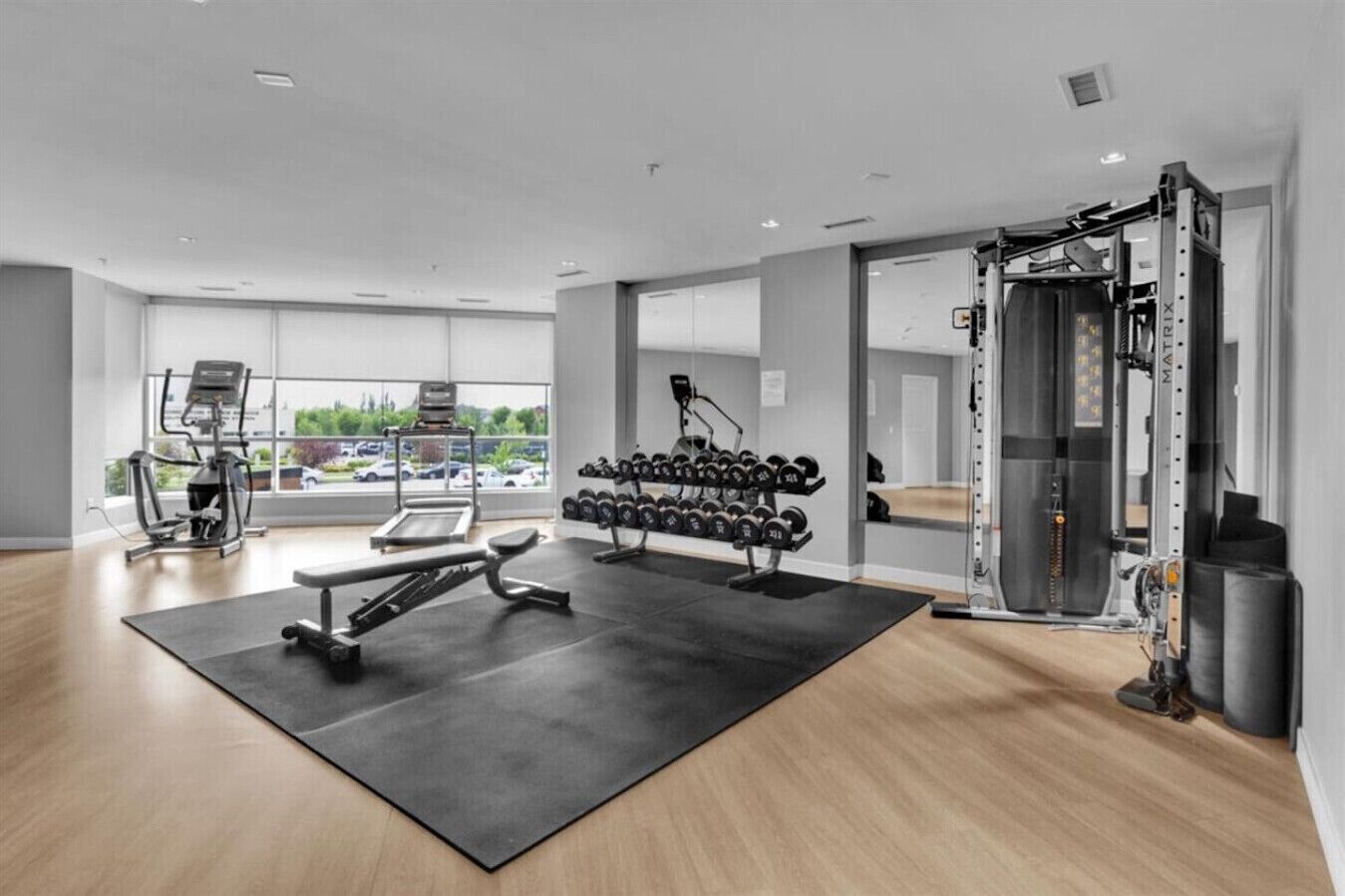 Uma academia moderna com equipamentos de cardio, espaço para musculação e um espelho grande.