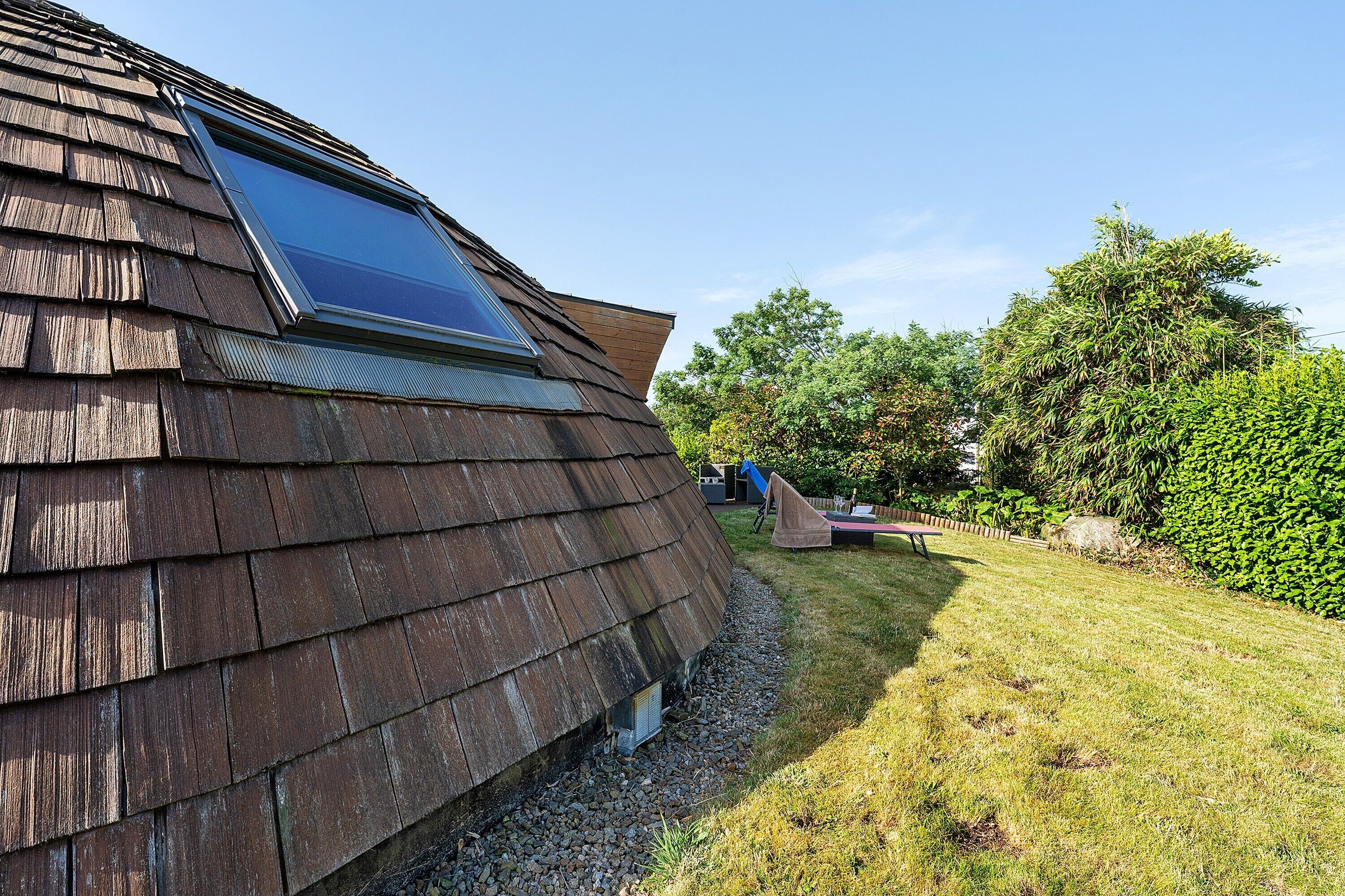 A wooden building with a skylight, a grassy yard, and a tree.