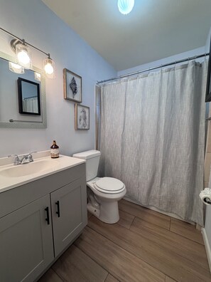 Douche, sèche-cheveux, serviettes fournies, savon