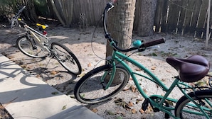 Un vélo est garé à côté d’un arbre et d’une clôture en bois, dans un espace recouvert de gravier.