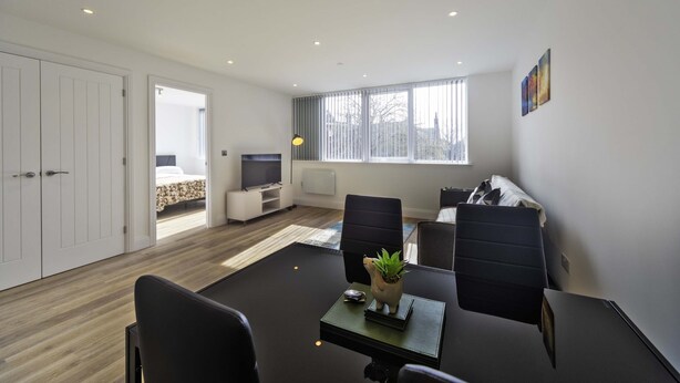 Une chambre moderne équipée d’un bureau, de chaises, d’une plante en pot, d’un lit et d’un téléviseur.
