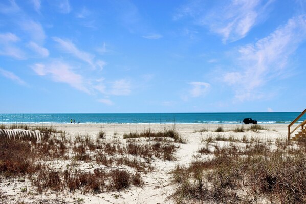 A beach with sand, grass, and a vehicle.
