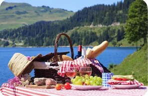 A picnic setup with a basket, wine, bread, grapes, and tomatoes by a lake. - Studio Apartment in Quillan (Quillan)