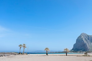 Ein Strand mit Palmen, einem Berg und einem klaren Himmel.