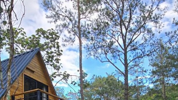 A wooden cabin with a balcony, surrounded by a grassy yard and trees. - Alpine Villa | Mountain| Fire pit| Heated Jacuzzi (Jarabacoa)
