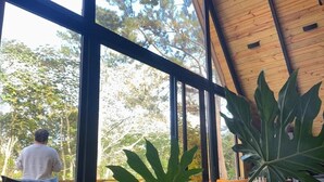A spacious room with a large window, a brown leather sofa, a wooden dining table, and a large green plant. - Alpine Villa | Mountain| Fire pit| Heated Jacuzzi (Jarabacoa)