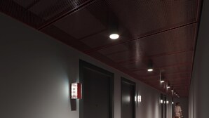 A hallway with doors, a patterned carpet, and a person walking. - Hotel Schani Naschmarkt (Vienna)
