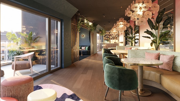 A modern interior with a seating area, large windows, and a bar. - Hotel Schani Naschmarkt (Vienna)