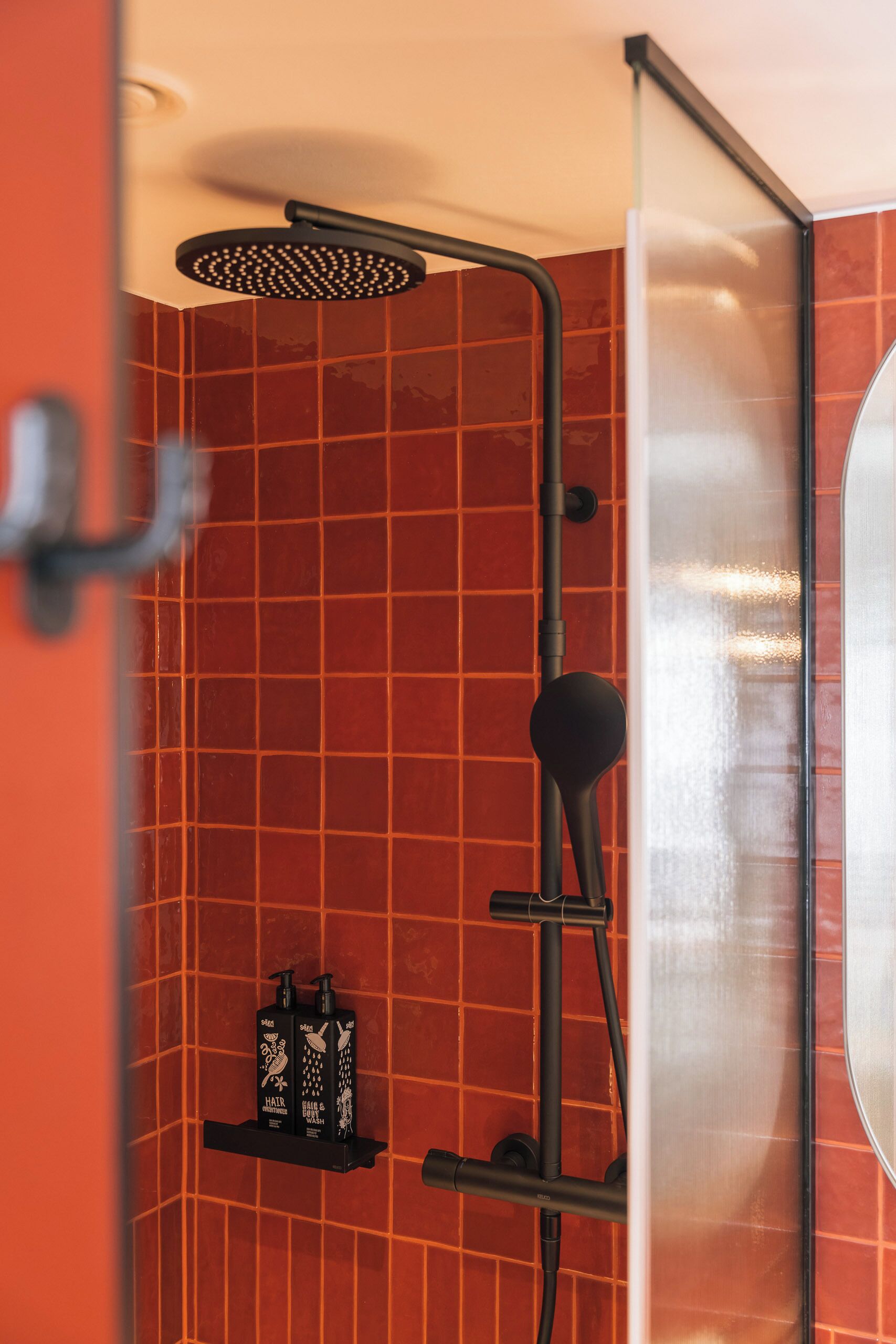 Ducha con cabezal de ducha de mano, puerta de cristal y estante con dos botellas de champú y acondicionador.