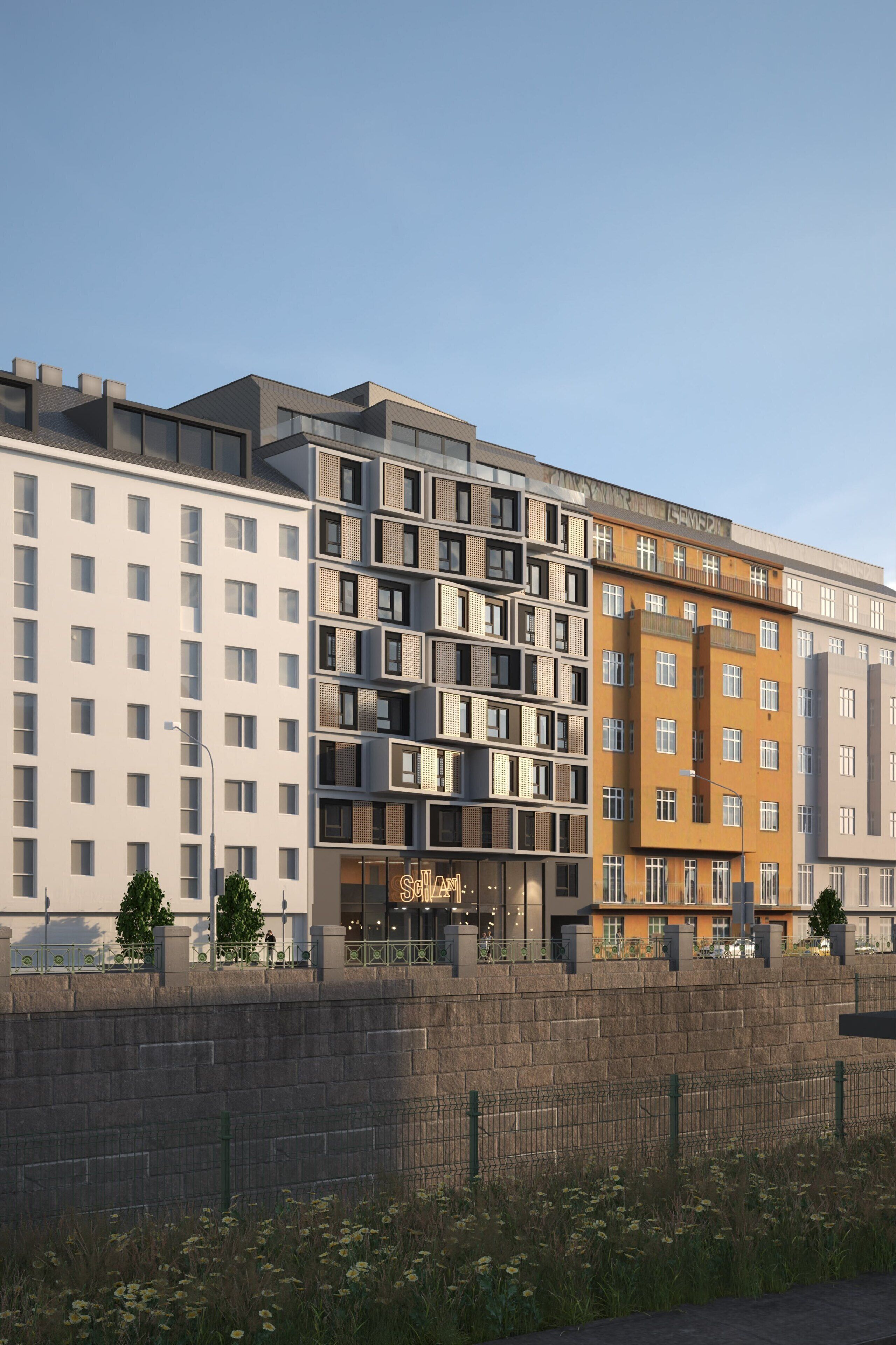 A multi-story building with a mix of residential and commercial spaces, featuring balconies, large windows, and a visible storefront.