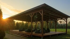 A covered outdoor seating area with steps leading up to it, surrounded by greenery.