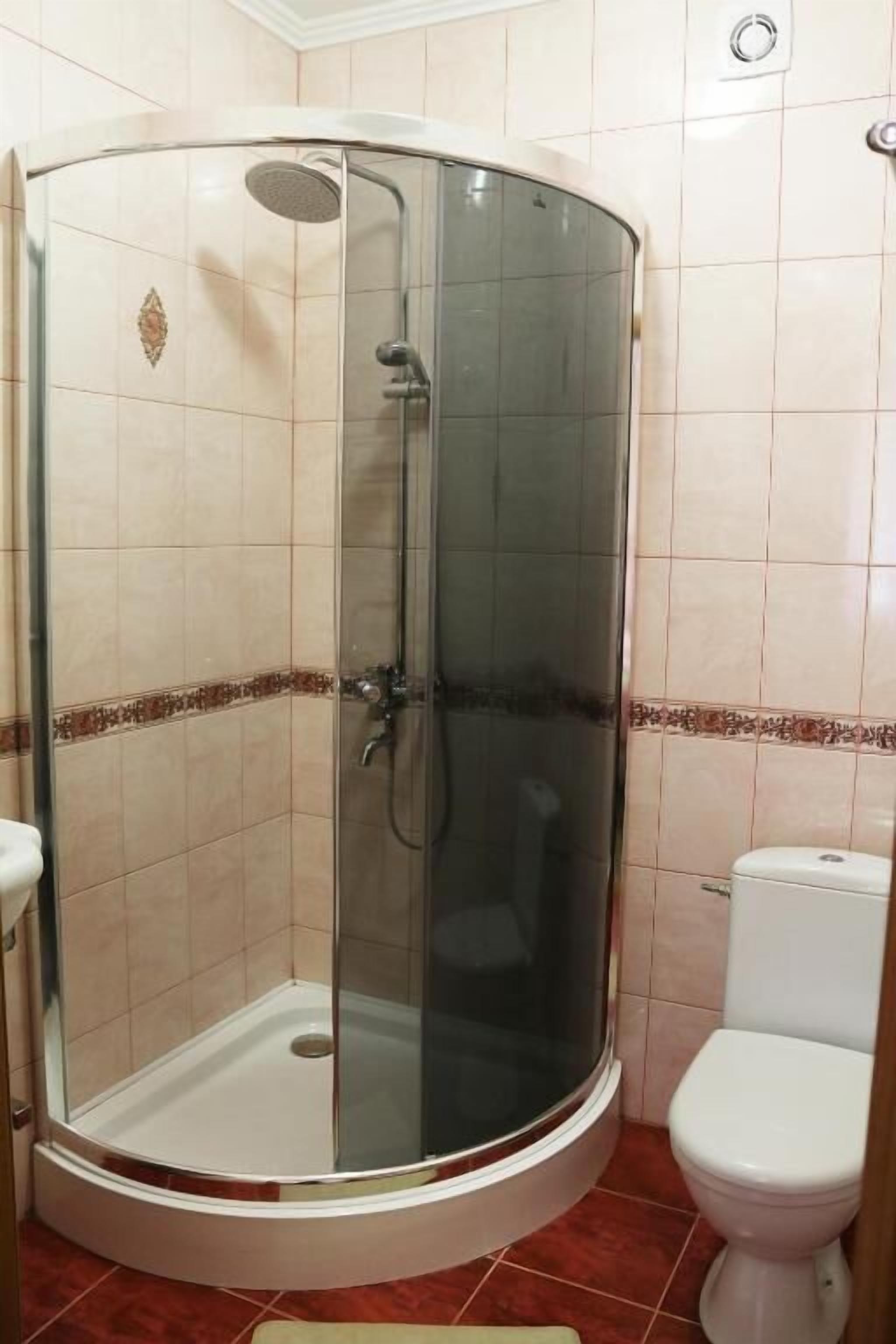 Box doccia con porta in vetro, water e pavimento piastrellato.