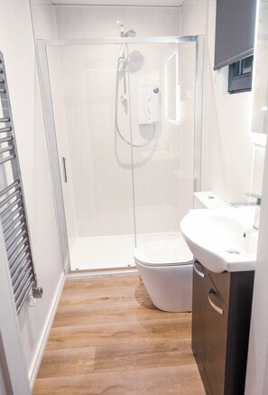 A modern bathroom with a glass shower enclosure, a white toilet, and a sink with a cabinet. - A Cozy Studio Apartment (Kilgobbin)