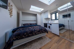 A compact bedroom with a bed, a washing machine, and a mirror. - A Cozy Studio Apartment (Kilgobbin)