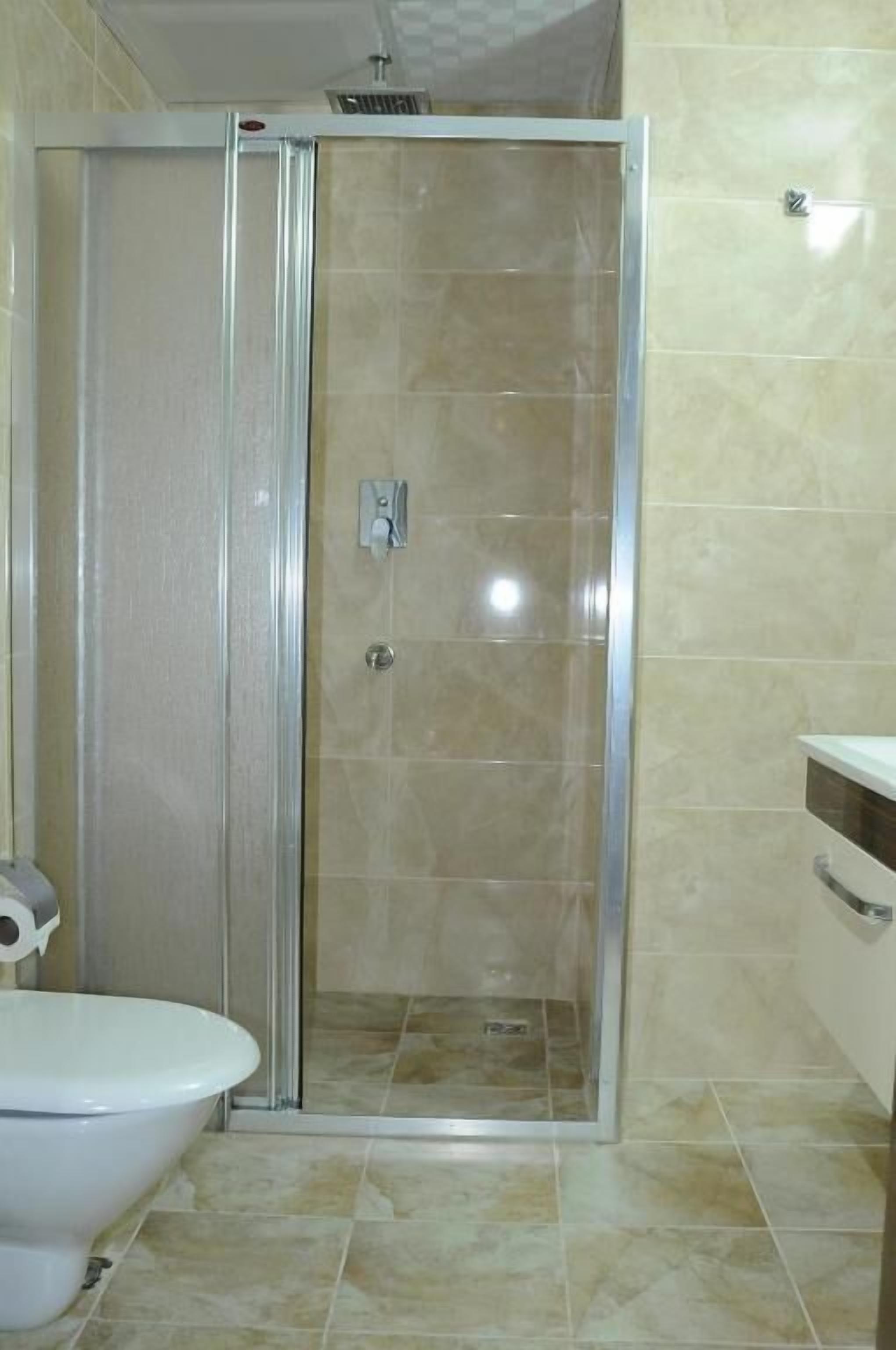 A bathroom with a shower enclosure, a toilet, and a sink.