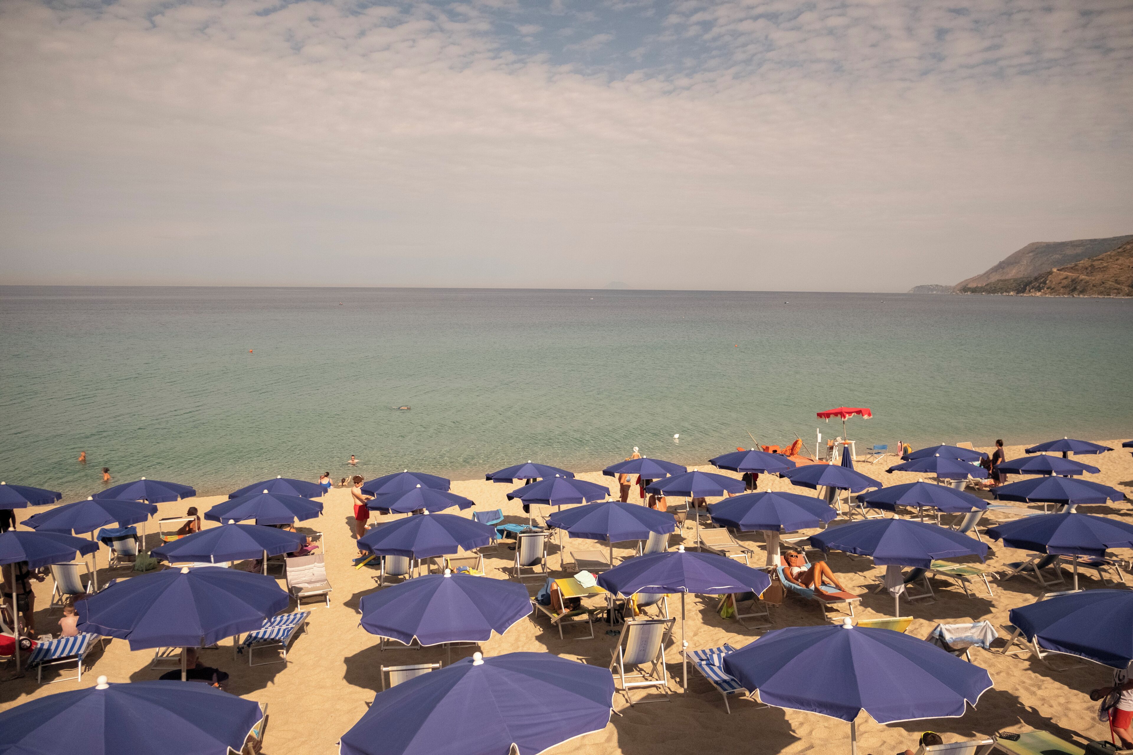 A beach with rows of blue umbrellas and lounge chairs.