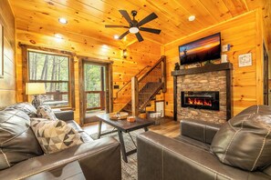 TV, fireplace - Lovely 2BD Cabin | Hot Tub + FirePit + Pool Access (Sevierville)