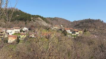 A hillside village with traditional buildings, some with red roofs, and a clear blue sky.