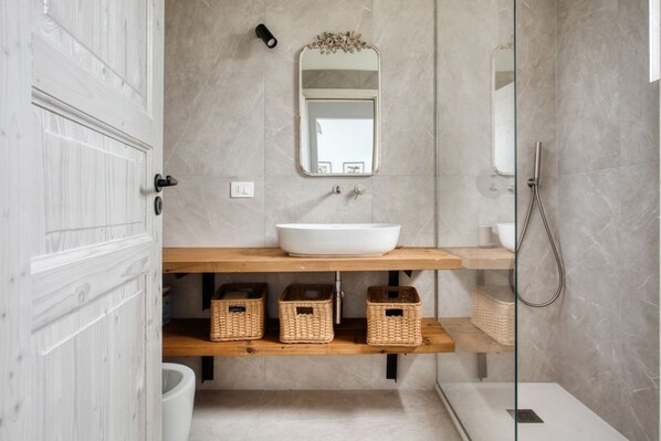 Shower, hair dryer, bidet, towels
