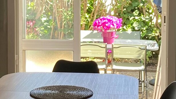 A dining area with a table and chairs, a sliding glass door leading to a garden with plants and a pink flower pot.