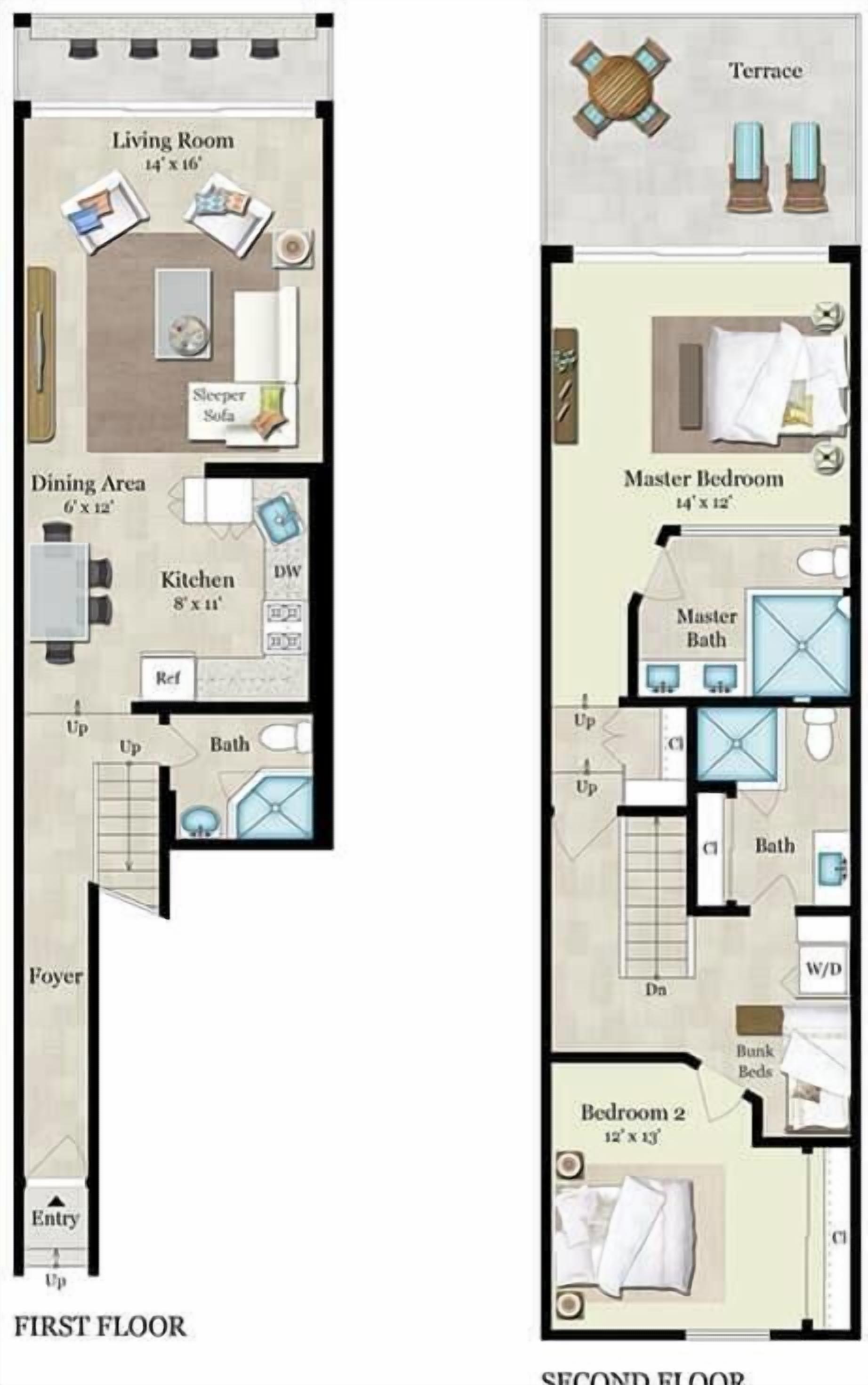 A two-story apartment layout with a living room, dining area, kitchen, master bedroom, master bathroom, and two additional bedrooms.