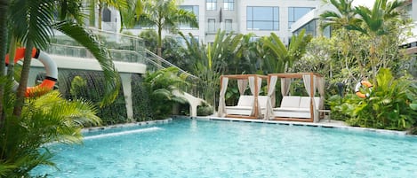 Indoor pool, outdoor pool, open 6:00 AM to 9:00 PM, pool loungers