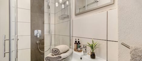Shower, hair dryer, towels