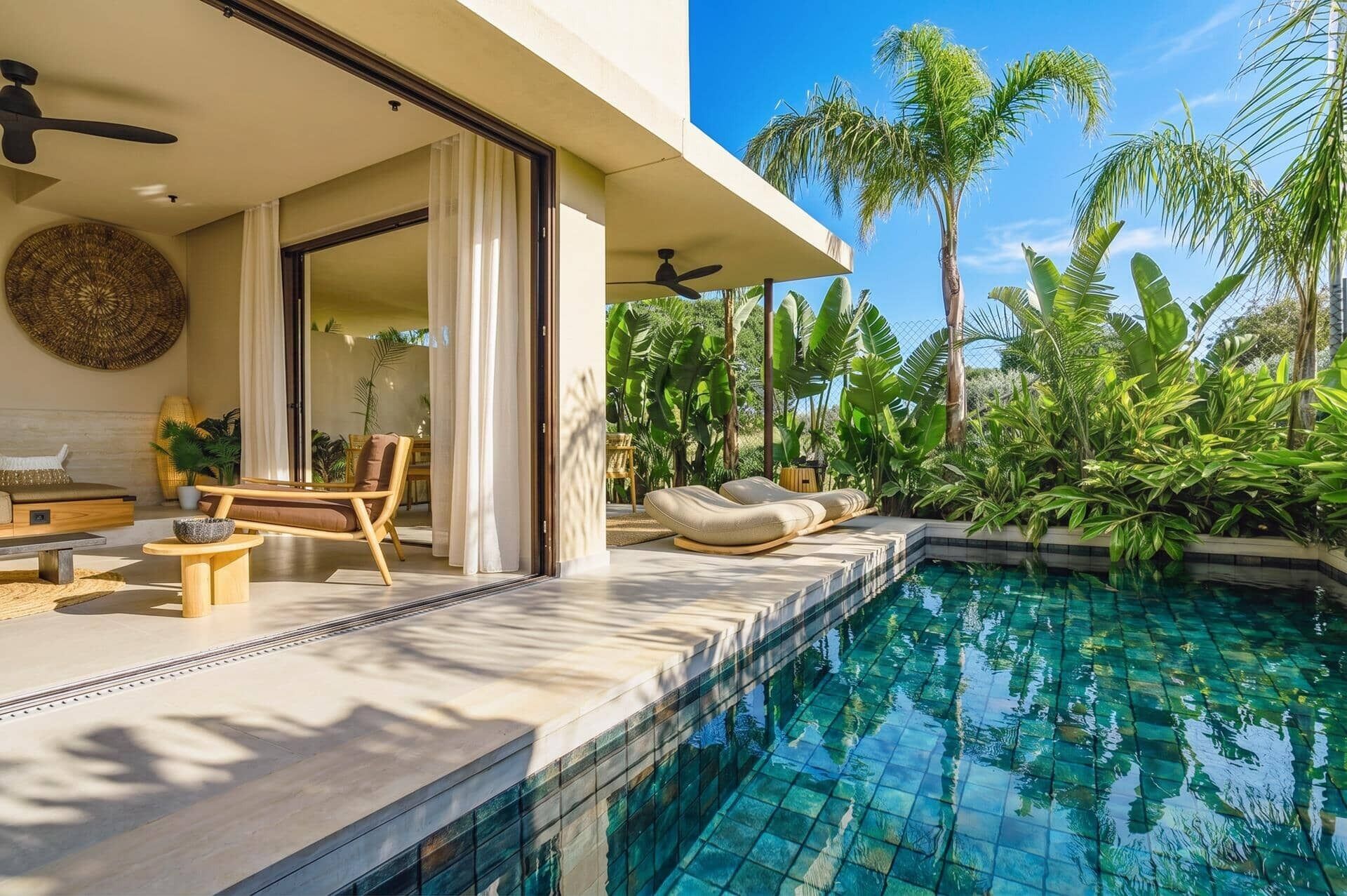 Un área moderna junto a la piscina con una piscina cristalina, sillones de descanso y plantas tropicales.