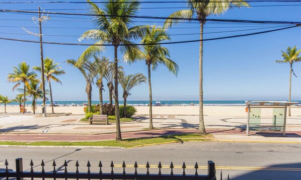 A beachside view with palm trees, a bus stop, and a clear sky. - Apto em Praia Grande Frente a Praia da Guilhermina (Praia Grande)