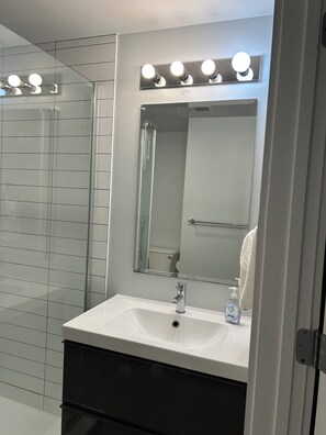 Shower, hair dryer, towels, soap